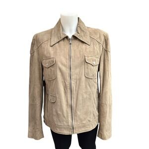 Tahari Genuine Lamb Leather Suede Zip Bomber Utility Jacket‎ Womens sz L
